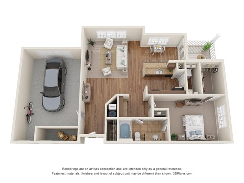 3D Floor Plan of a 1-bedroom apartment with 1 bathroom and garage at 10x Audubon Apartments in Daphne, AL